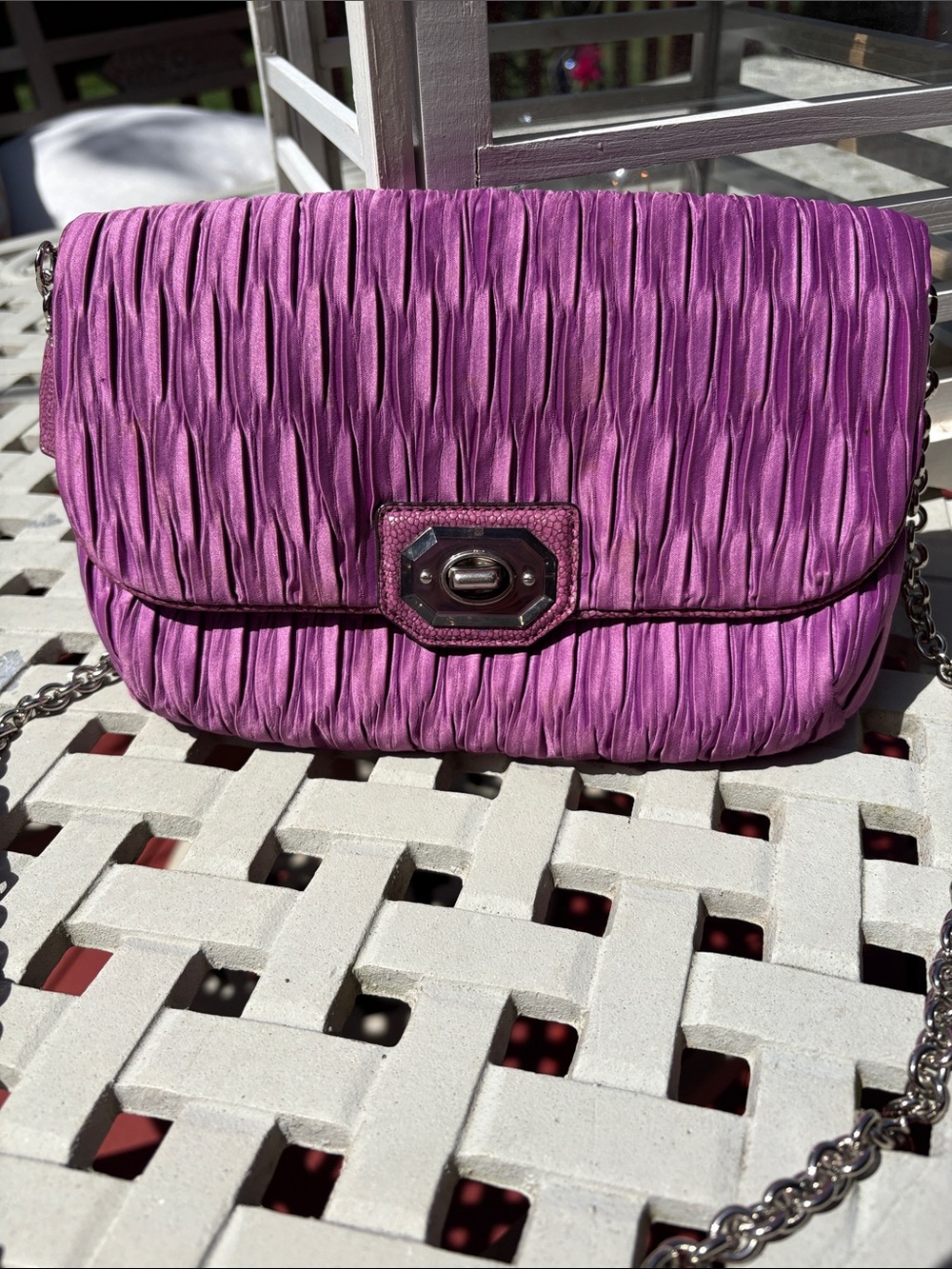 Coach Madison Pleated Satin Clutch, featuring jewel turn-lock crossbody